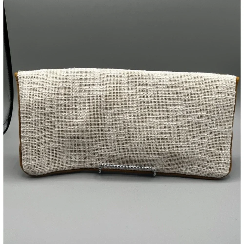 Rahab's Rope Cream &‎ Tan Embelished Woven Clutch Bag Pom Pom Details 13x7 Snap